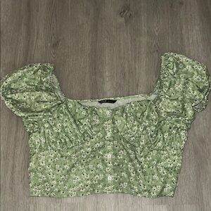 Green Floral Puff Sleeve Top